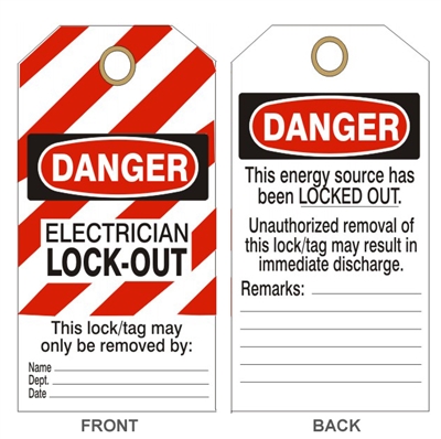 ELECTRICIAN LOCK-OUT Tagboard Danger Tag 6x3 25 Pack